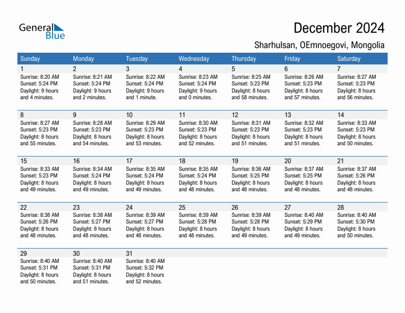 Sharhulsan December 2024 sunrise and sunset calendar in PDF, Excel, and Word