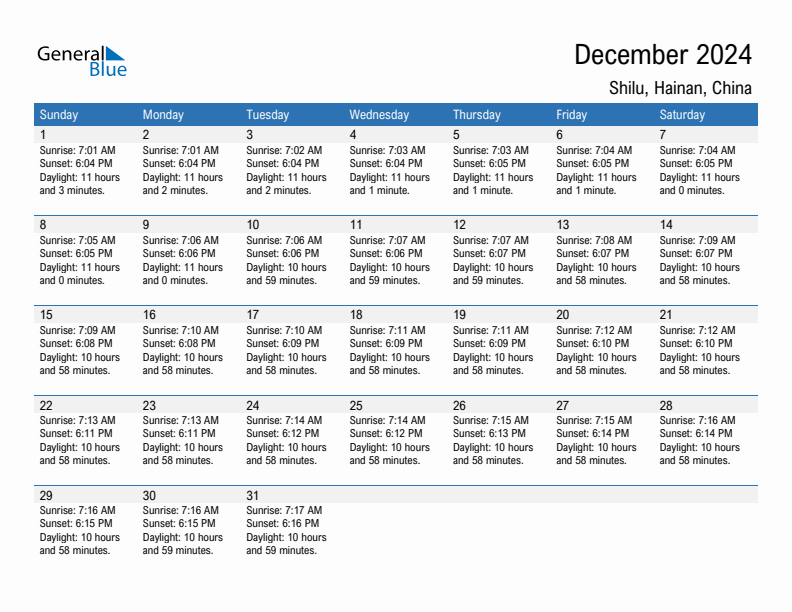 Shilu December 2024 sunrise and sunset calendar in PDF, Excel, and Word