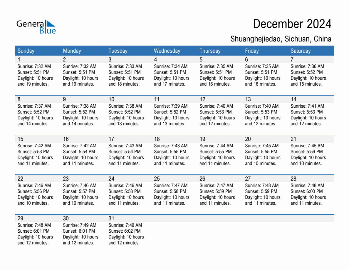 December 2024 sunrise and sunset calendar for Shuanghejiedao