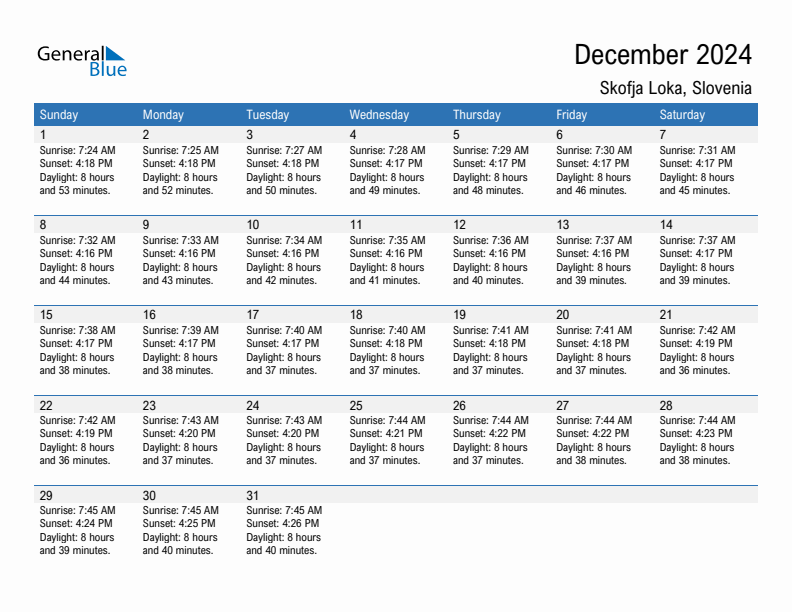 Skofja Loka December 2024 sunrise and sunset calendar in PDF, Excel, and Word