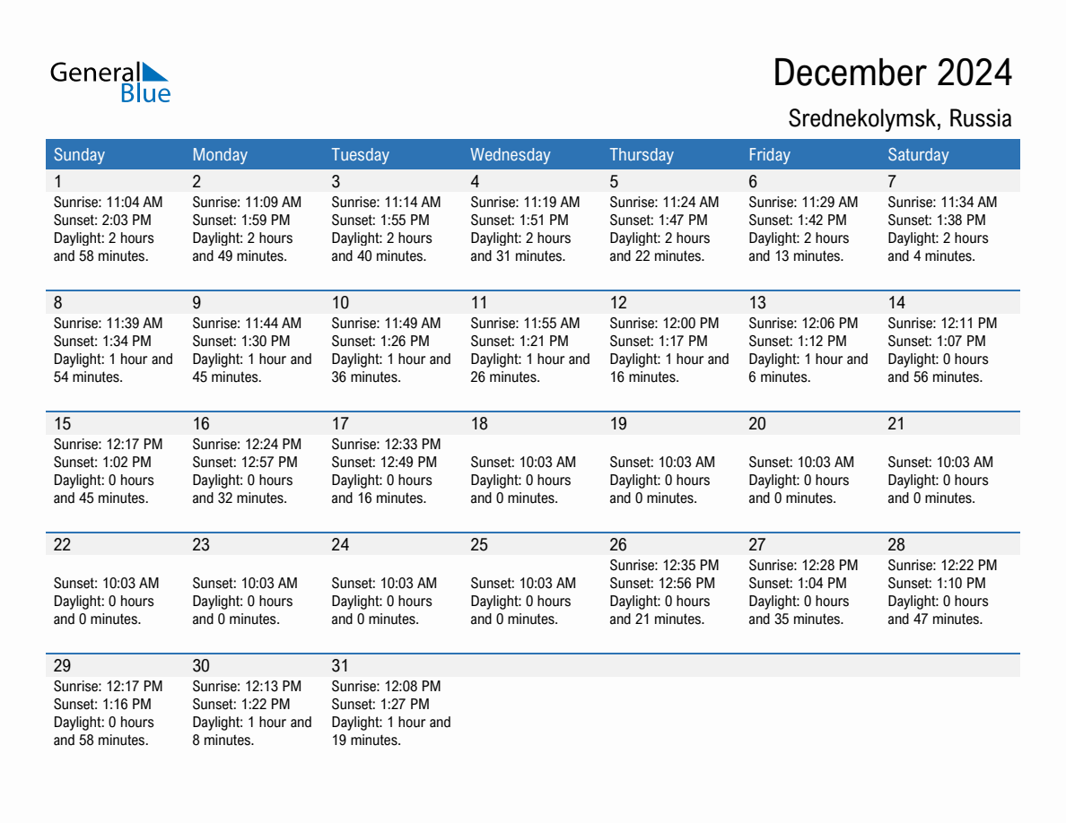 December 2024 sunrise and sunset calendar for Srednekolymsk