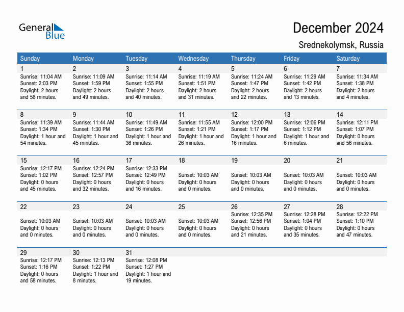 Srednekolymsk December 2024 sunrise and sunset calendar in PDF, Excel, and Word