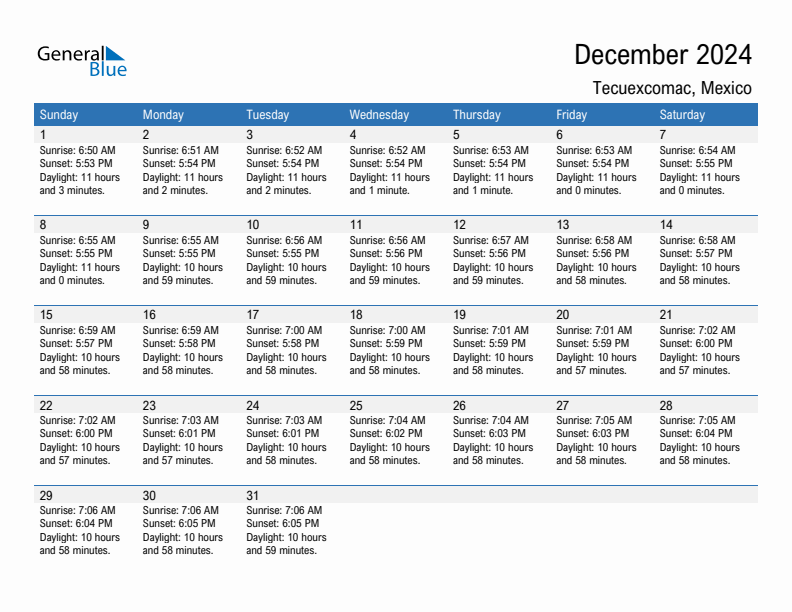 Tecuexcomac December 2024 sunrise and sunset calendar in PDF, Excel, and Word