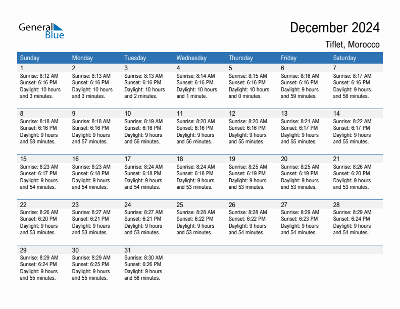 Tiflet December 2024 sunrise and sunset calendar in PDF, Excel, and Word