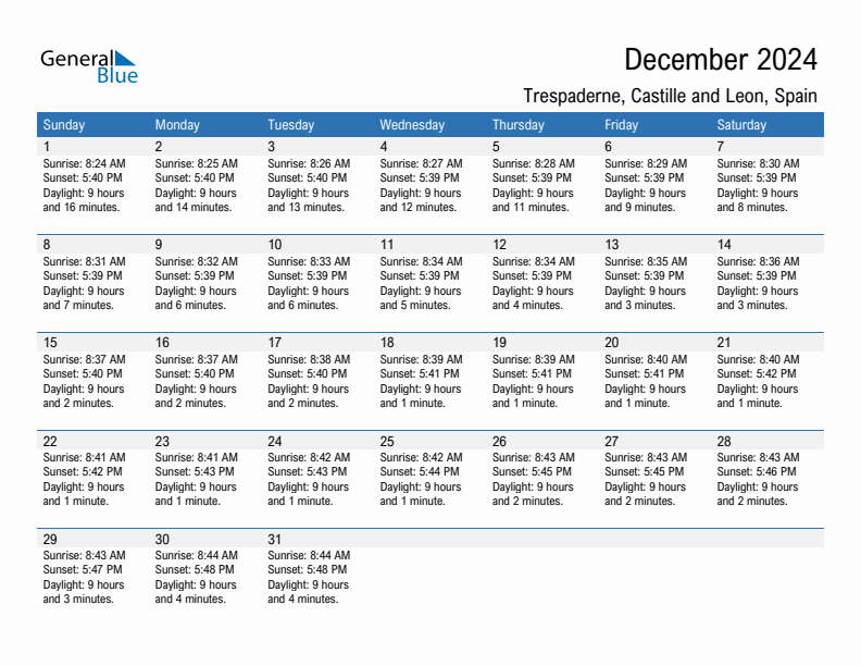 Trespaderne December 2024 sunrise and sunset calendar in PDF, Excel, and Word