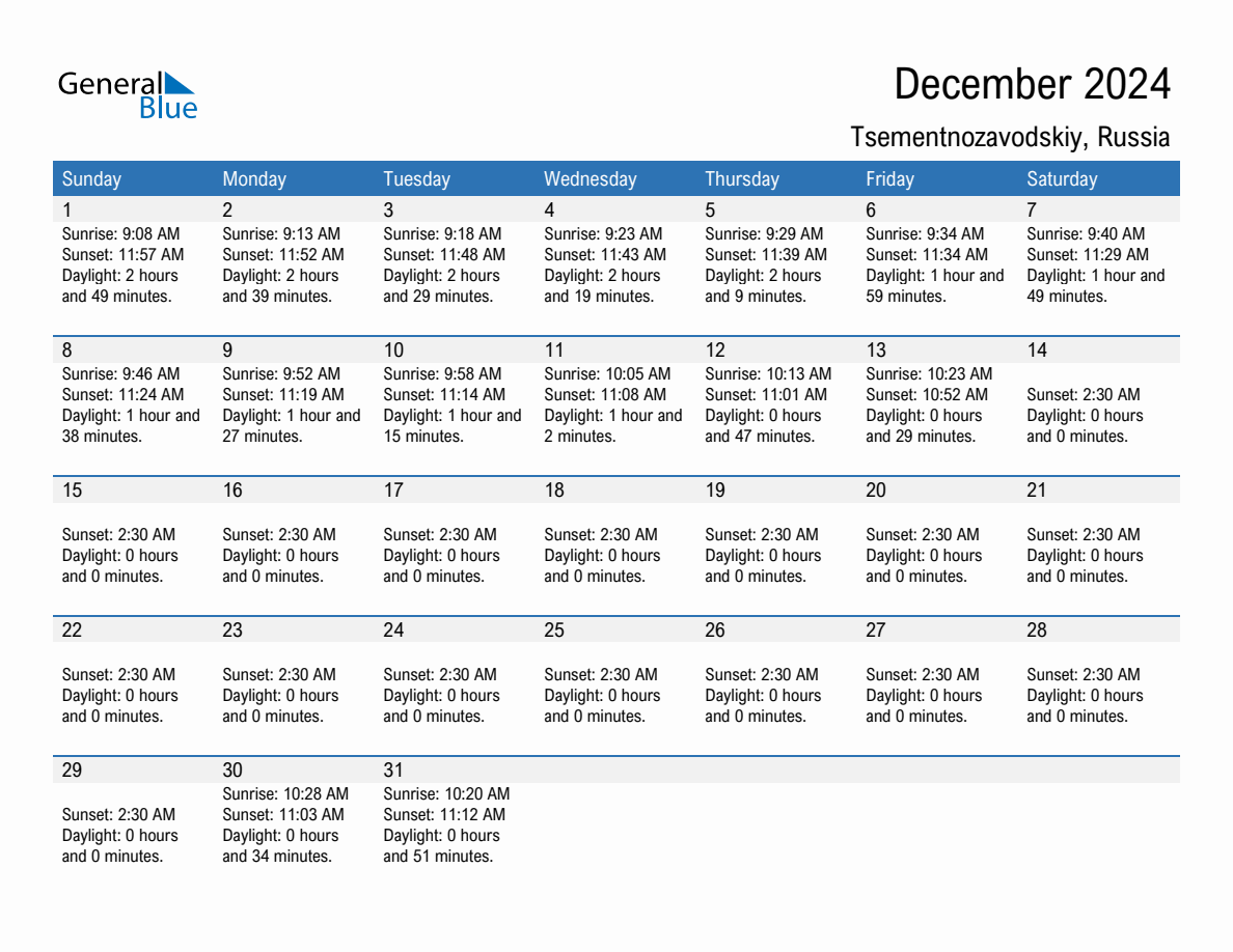 December 2024 sunrise and sunset calendar for Tsementnozavodskiy