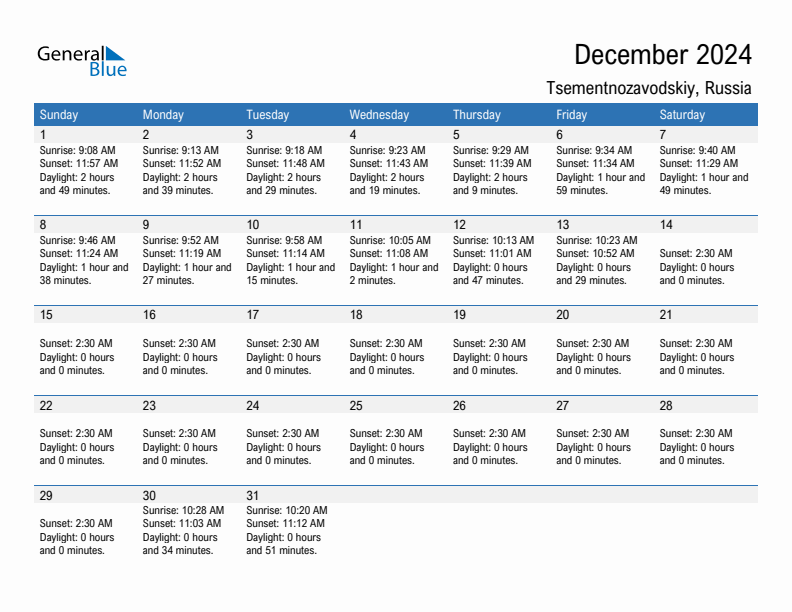 Tsementnozavodskiy December 2024 sunrise and sunset calendar in PDF, Excel, and Word