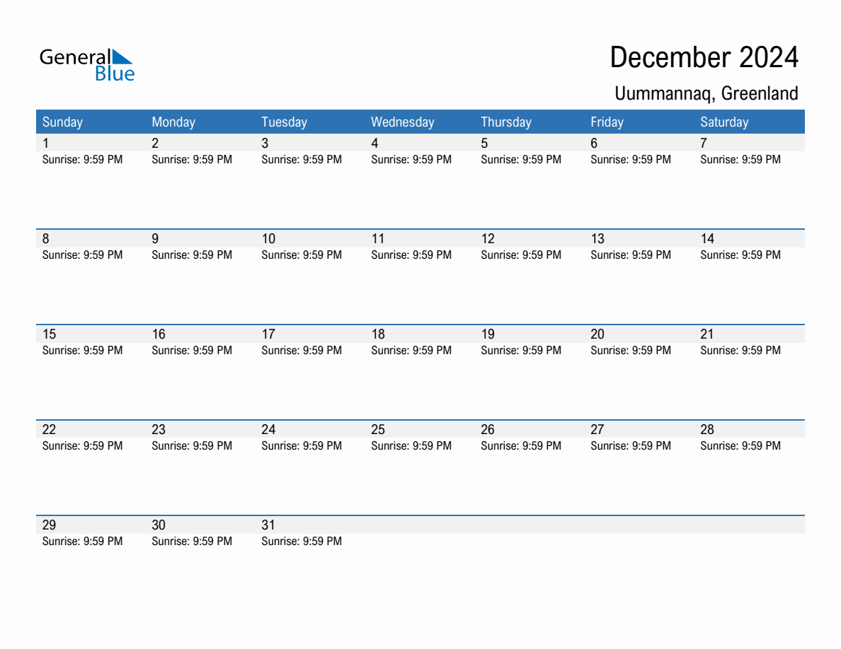 December 2024 sunrise and sunset calendar for Uummannaq