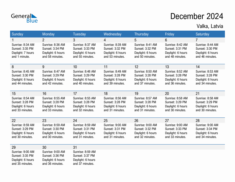 Valka December 2024 sunrise and sunset calendar in PDF, Excel, and Word