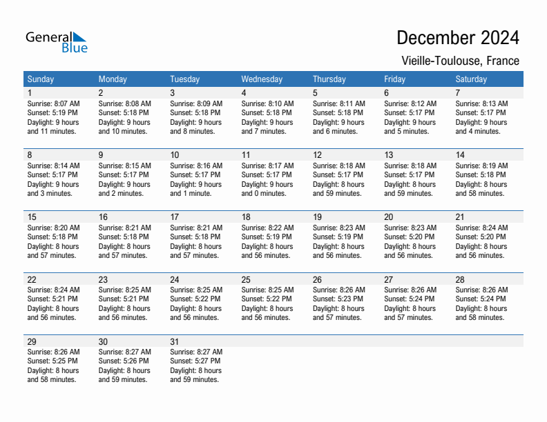 Vieille-Toulouse December 2024 sunrise and sunset calendar in PDF, Excel, and Word