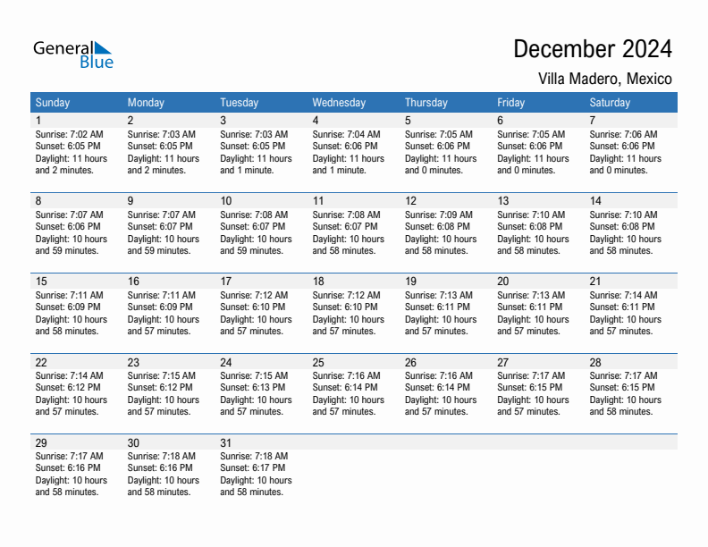 Villa Madero December 2024 sunrise and sunset calendar in PDF, Excel, and Word