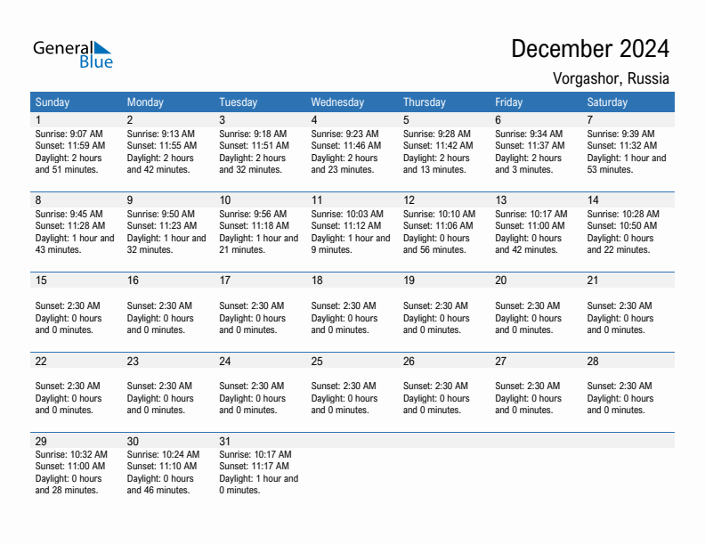 Vorgashor December 2024 sunrise and sunset calendar in PDF, Excel, and Word