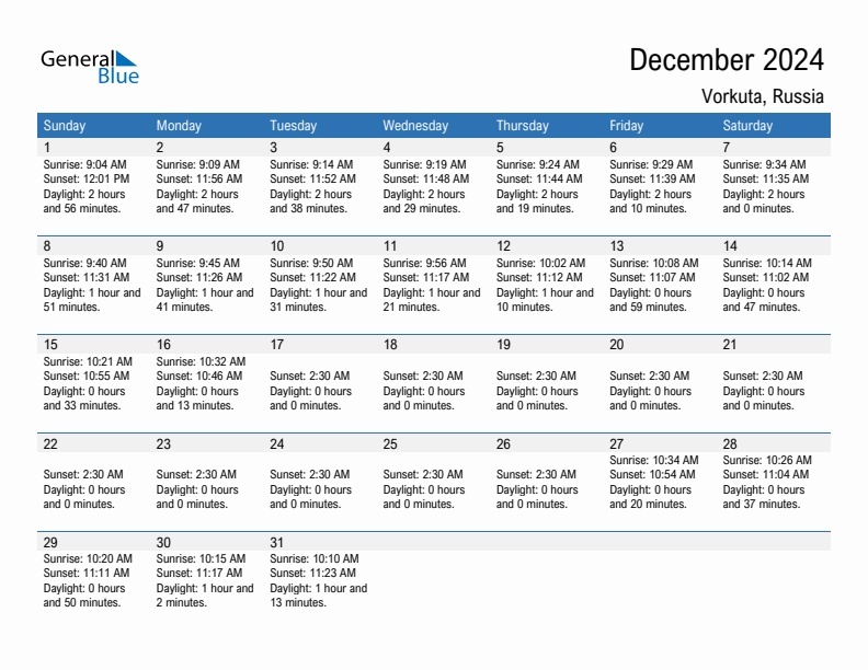 Vorkuta December 2024 sunrise and sunset calendar in PDF, Excel, and Word