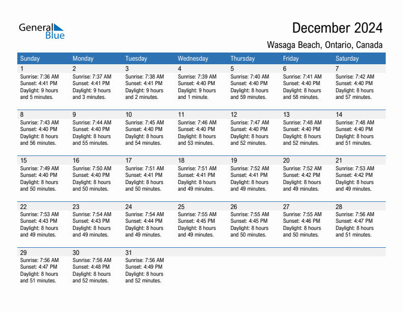 Wasaga Beach December 2024 sunrise and sunset calendar in PDF, Excel, and Word