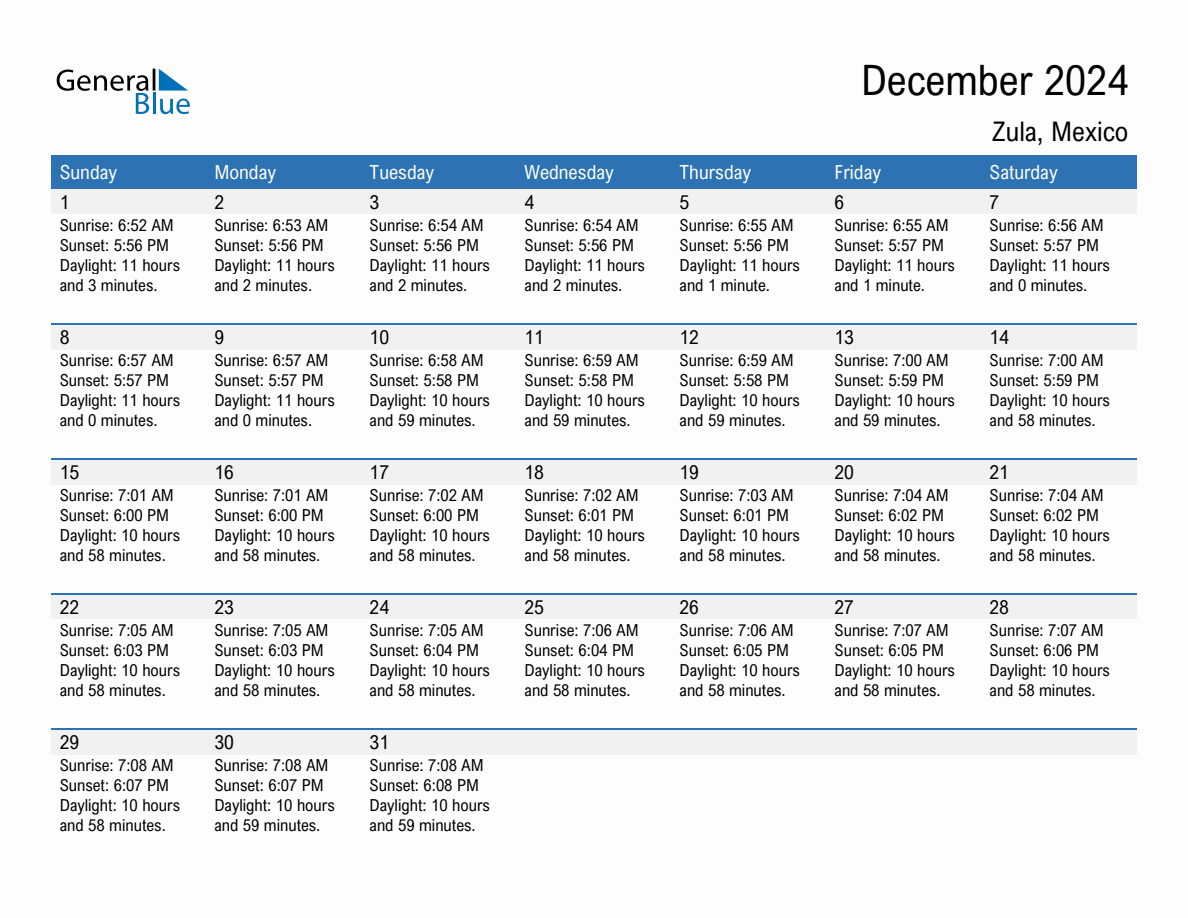 December 2024 sunrise and sunset calendar for Zula