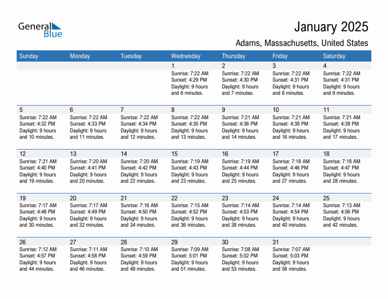 Adams January 2025 sunrise and sunset calendar in PDF, Excel, and Word