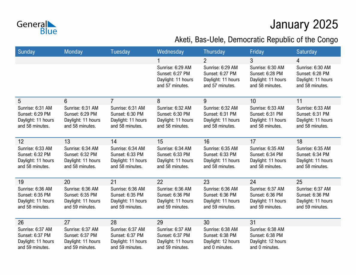 January 2025 sunrise and sunset calendar for Aketi