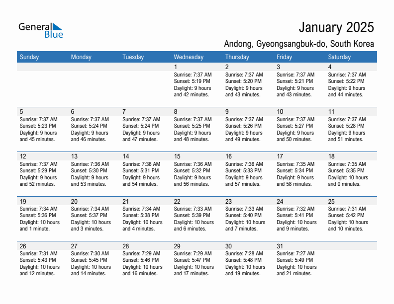 Andong January 2025 sunrise and sunset calendar in PDF, Excel, and Word