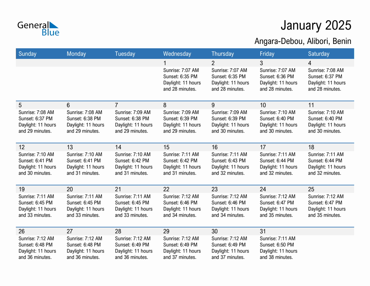 January 2025 sunrise and sunset calendar for Angara-Debou