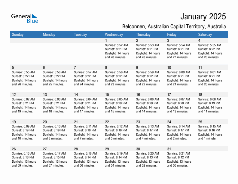 Belconnen January 2025 sunrise and sunset calendar in PDF, Excel, and Word