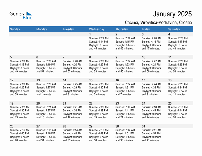 Cacinci January 2025 sunrise and sunset calendar in PDF, Excel, and Word