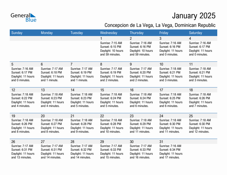 Concepcion de La Vega January 2025 sunrise and sunset calendar in PDF, Excel, and Word