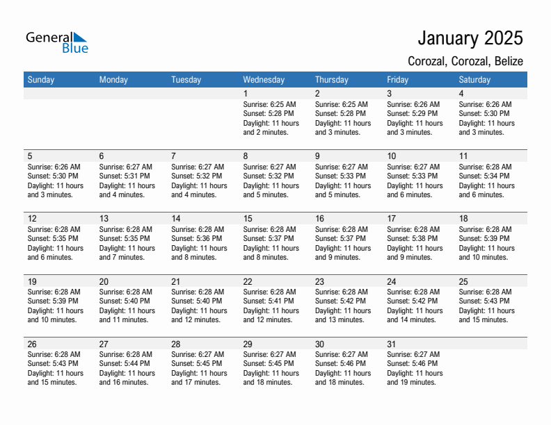 Corozal January 2025 sunrise and sunset calendar in PDF, Excel, and Word