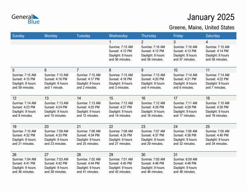 Greene January 2025 sunrise and sunset calendar in PDF, Excel, and Word