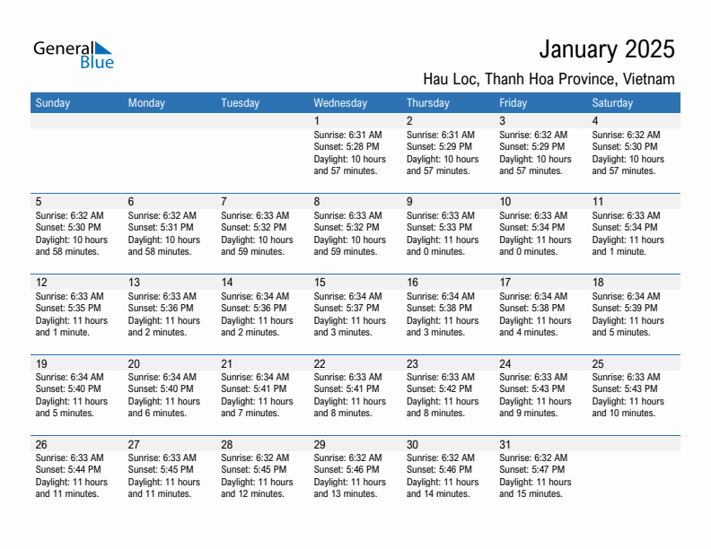 Hau Loc January 2025 sunrise and sunset calendar in PDF, Excel, and Word