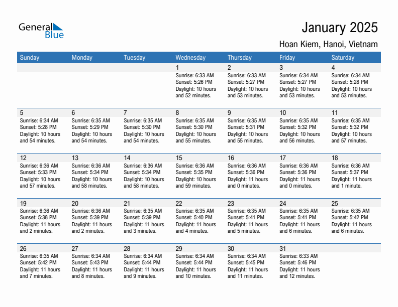 Hoan Kiem January 2025 sunrise and sunset calendar in PDF, Excel, and Word