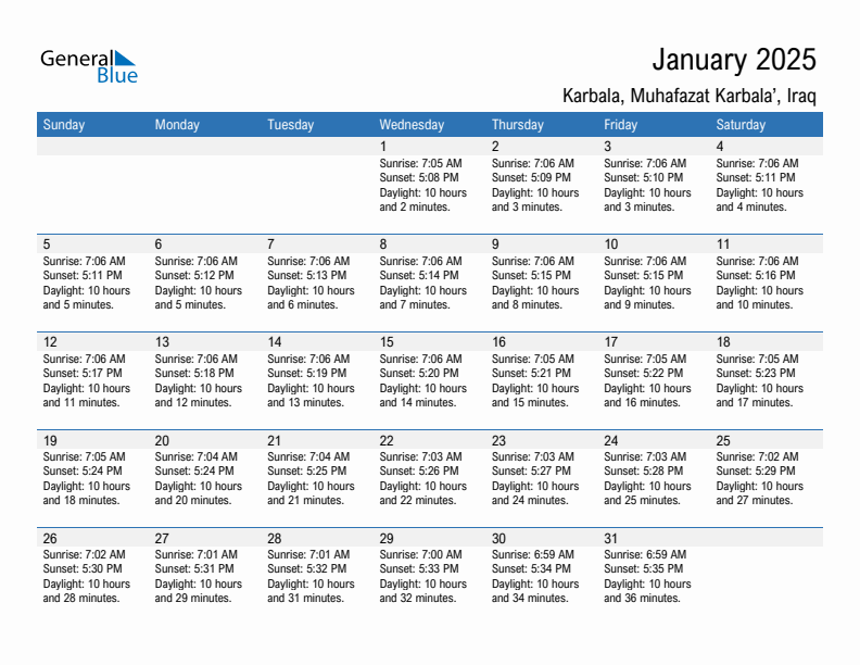 Karbala January 2025 sunrise and sunset calendar in PDF, Excel, and Word