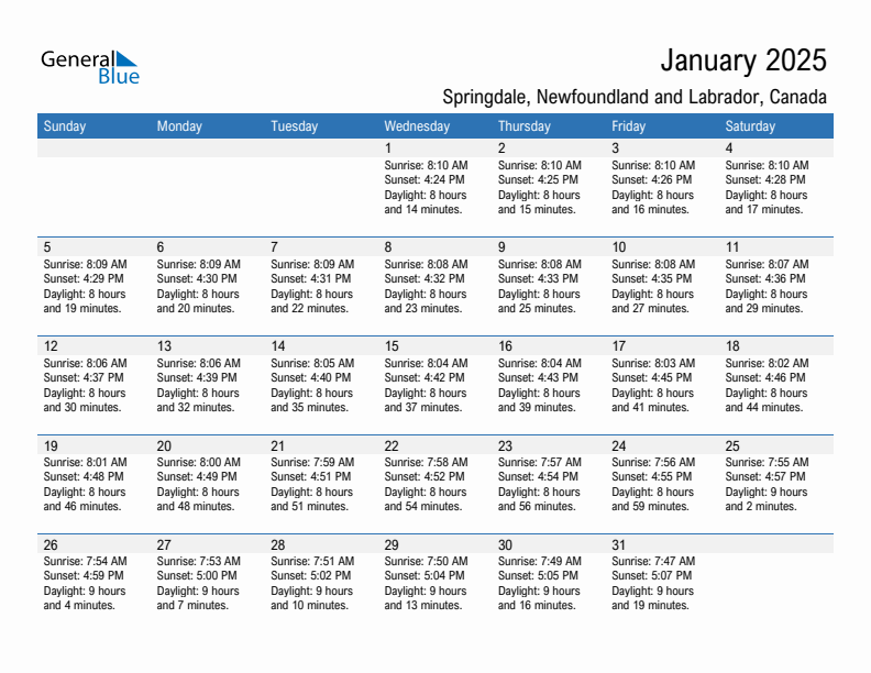 Springdale January 2025 sunrise and sunset calendar in PDF, Excel, and Word