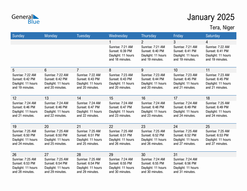 Tera January 2025 sunrise and sunset calendar in PDF, Excel, and Word