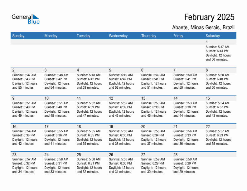 Abaete February 2025 sunrise and sunset calendar in PDF, Excel, and Word