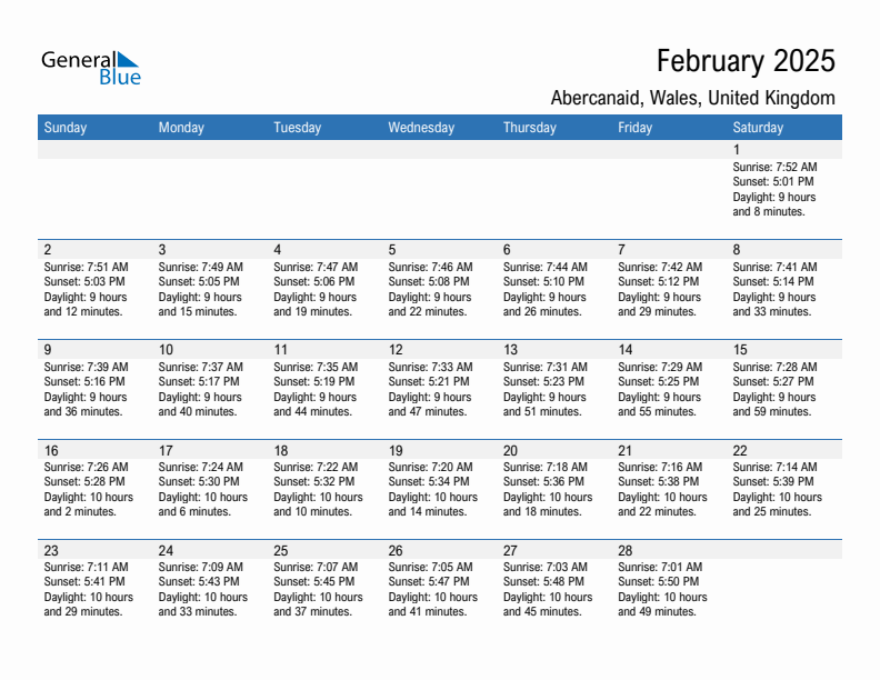 Abercanaid February 2025 sunrise and sunset calendar in PDF, Excel, and Word