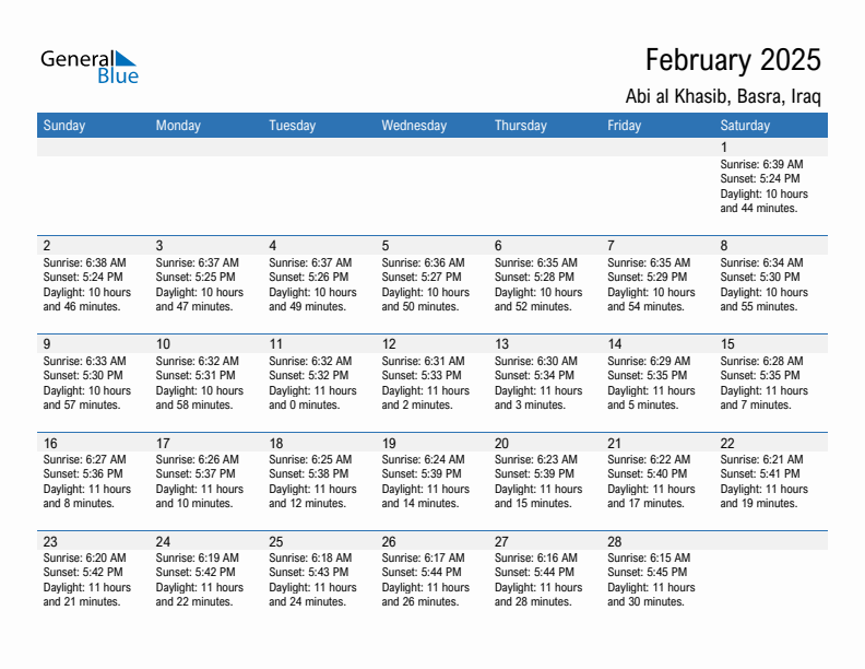 Abi al Khasib February 2025 sunrise and sunset calendar in PDF, Excel, and Word