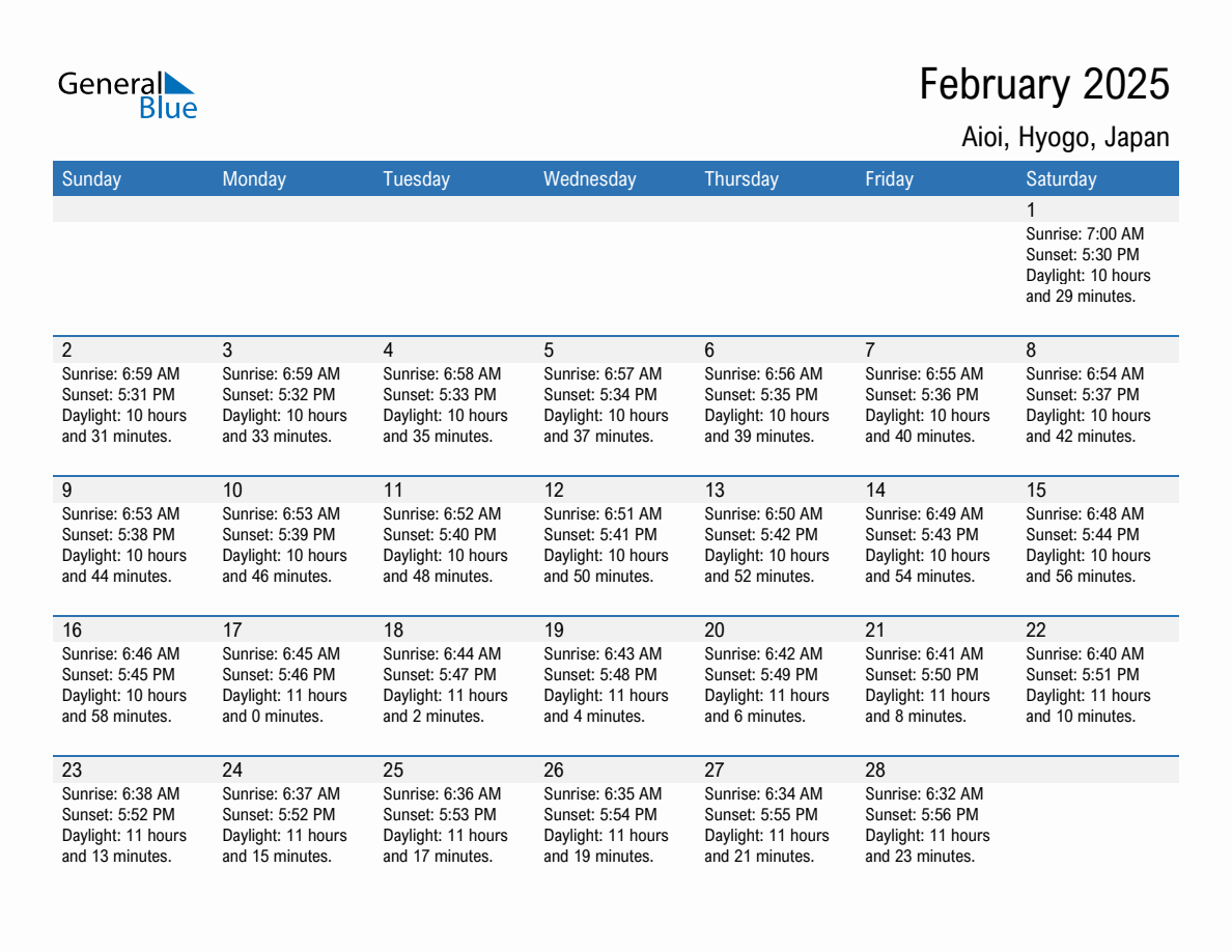 February 2025 sunrise and sunset calendar for Aioi