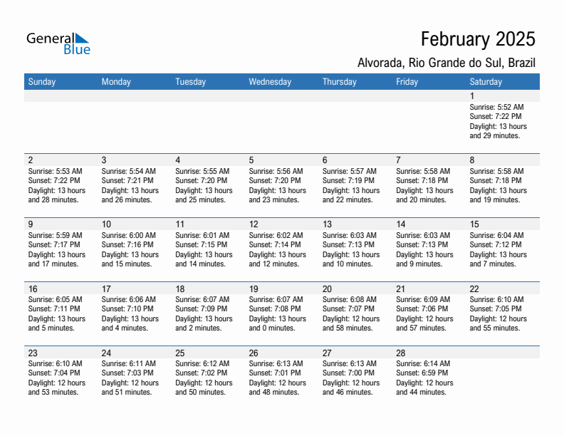 Alvorada February 2025 sunrise and sunset calendar in PDF, Excel, and Word