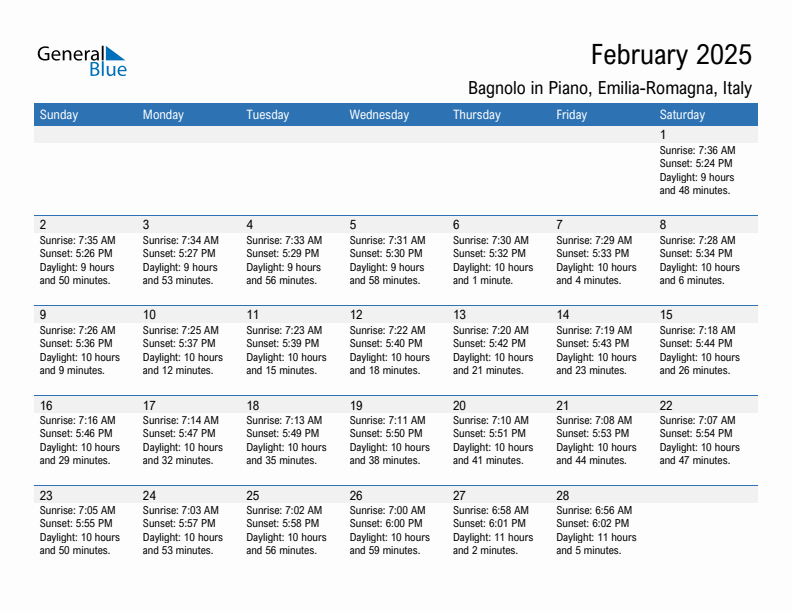 Bagnolo in Piano February 2025 sunrise and sunset calendar in PDF, Excel, and Word