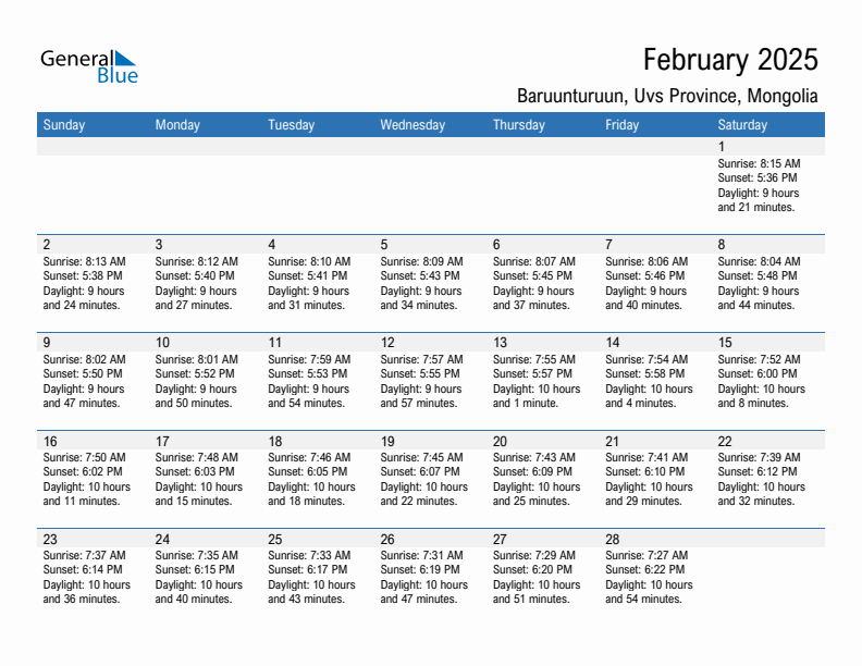 Baruunturuun February 2025 sunrise and sunset calendar in PDF, Excel, and Word