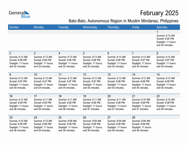 Bato-Bato February 2025 sunrise and sunset calendar in PDF, Excel, and Word