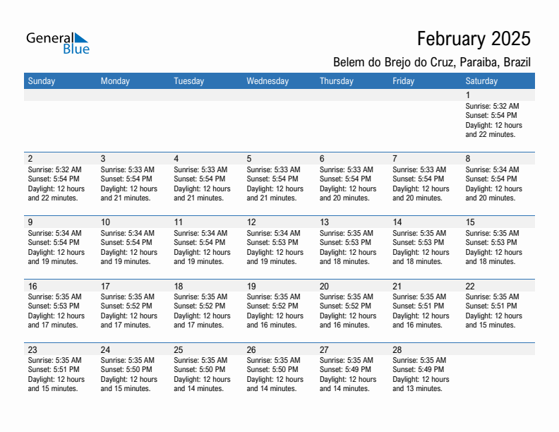 Belem do Brejo do Cruz February 2025 sunrise and sunset calendar in PDF, Excel, and Word