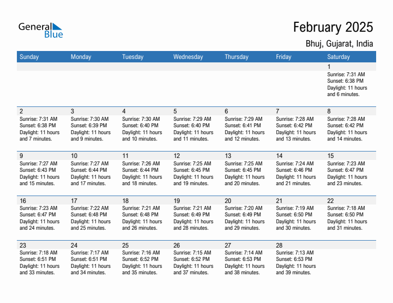 Bhuj February 2025 sunrise and sunset calendar in PDF, Excel, and Word