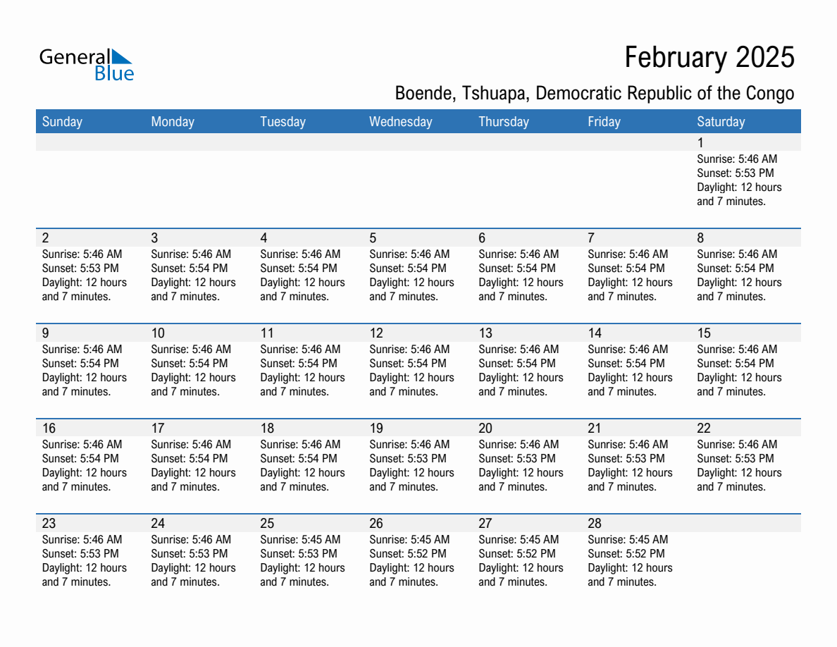 February 2025 sunrise and sunset calendar for Boende