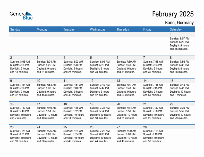 Bonn February 2025 sunrise and sunset calendar in PDF, Excel, and Word