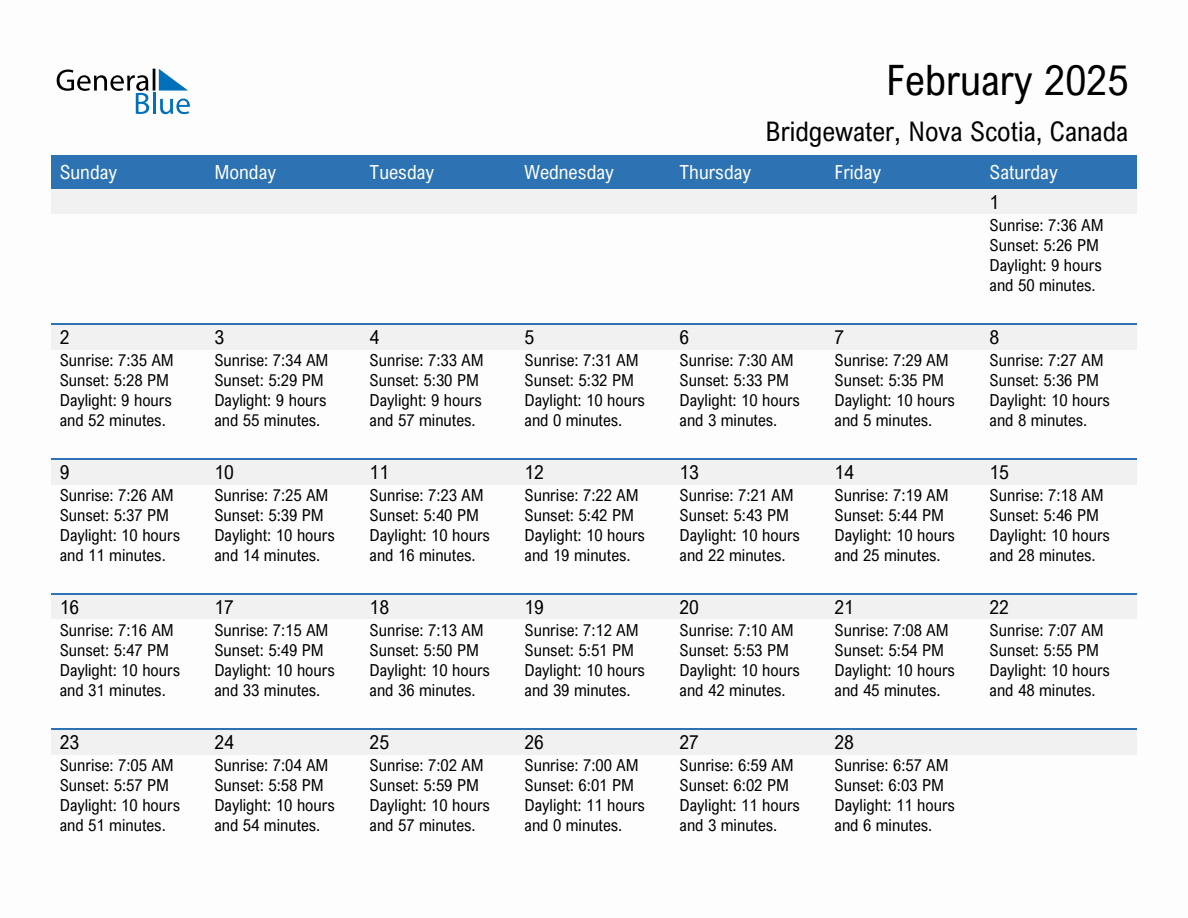 February 2025 sunrise and sunset calendar for Bridgewater