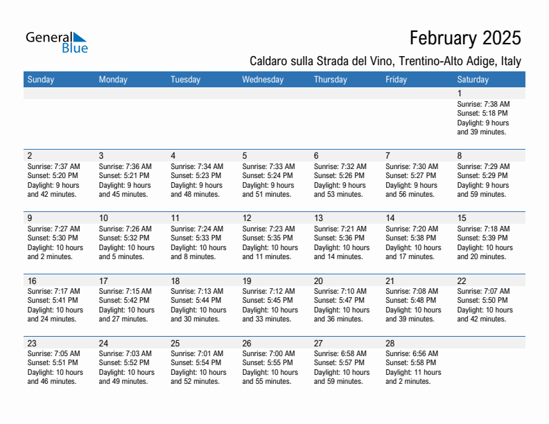 Caldaro sulla Strada del Vino February 2025 sunrise and sunset calendar in PDF, Excel, and Word