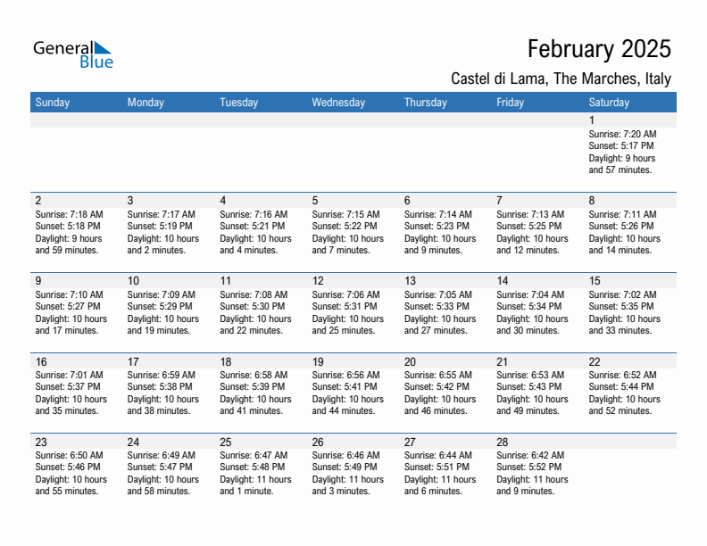 Castel di Lama February 2025 sunrise and sunset calendar in PDF, Excel, and Word