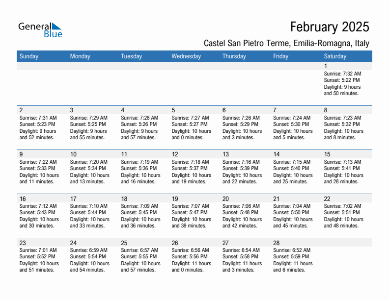 Castel San Pietro Terme February 2025 sunrise and sunset calendar in PDF, Excel, and Word