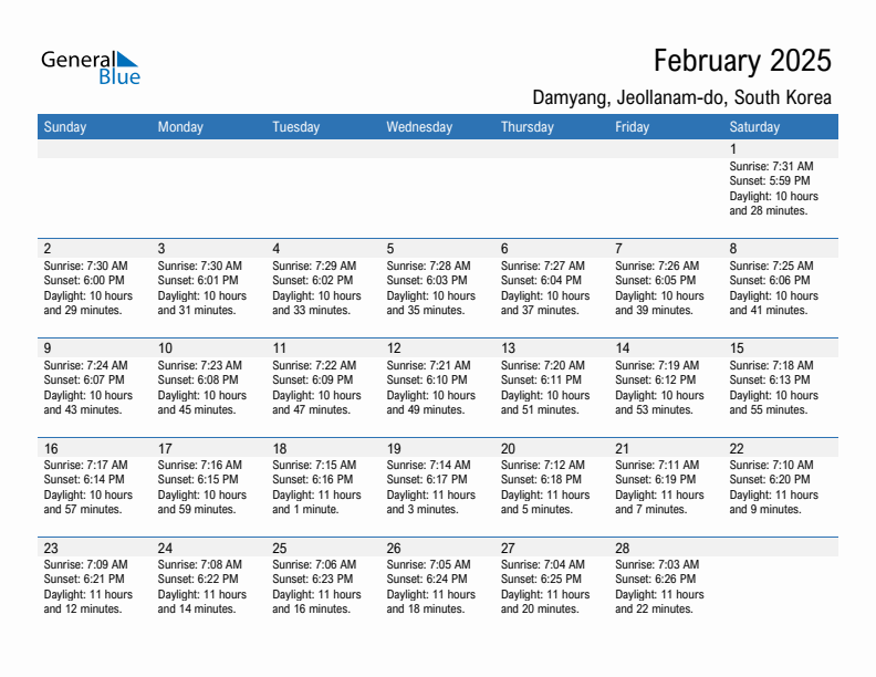 Damyang February 2025 sunrise and sunset calendar in PDF, Excel, and Word